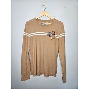 LUIS TRENKER Women's Top Large Long Sleeve Tee Shirt Patches Logo Sleeve Tan